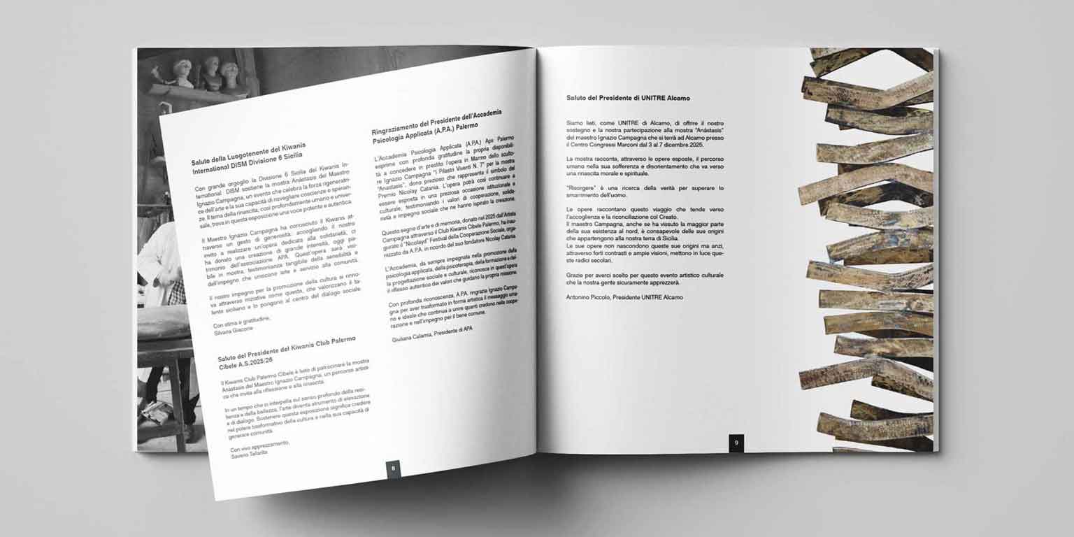 Design catalogo per artista con opere pittoriche per museo, carta patinata, branding per artista