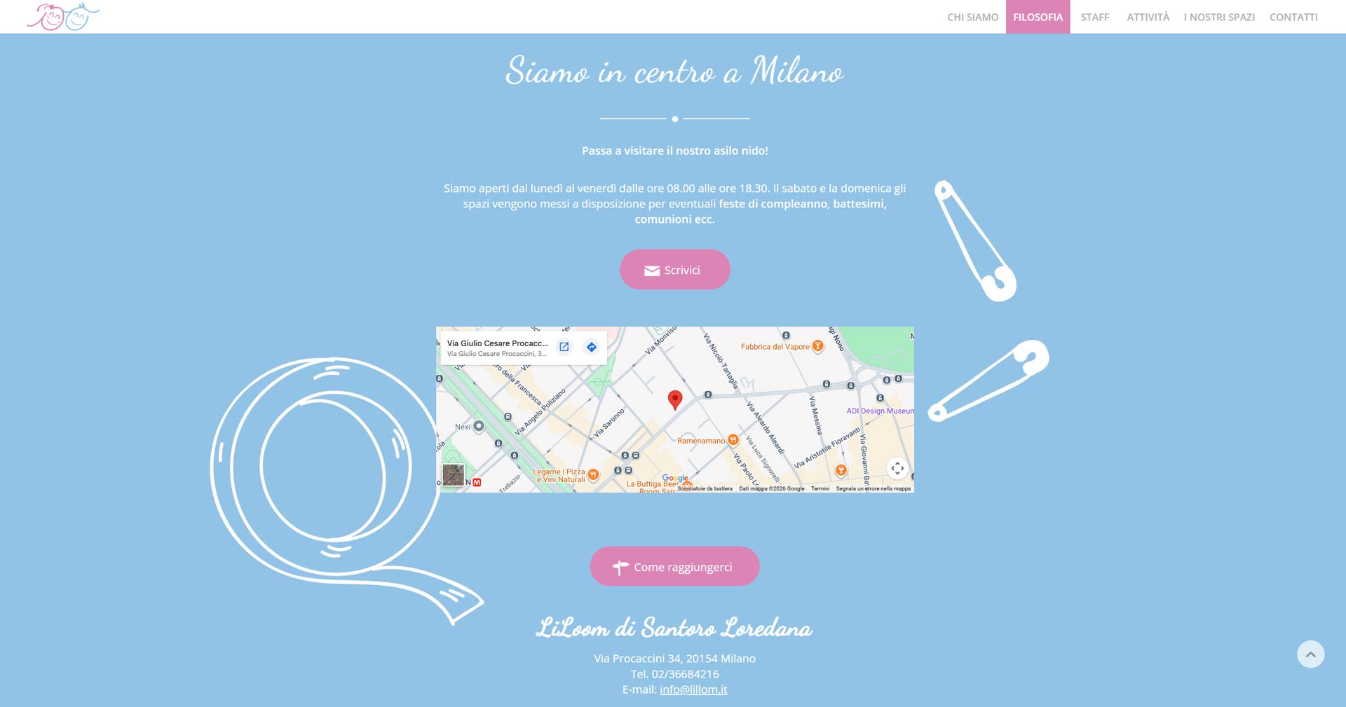 design sito web asilo a Milano pagina contatti con icone infantili